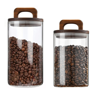 Luxury Kitchen Accessories Clear Airtight Condiments Spices Rice Food Storage <b>Container</b> <b>Glass</b> Jar Set with Wooden Handle Lid - Product Image 1