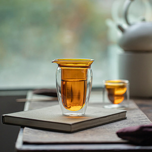 Taza de vidrio de doble pared, resistente al calor, con divisor para té, para servir té Kung Fu, sin tapa, forma cilíndrica - Product Image 1