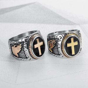 Men's <b>Cross</b> <b>Ring</b> Titanium Steel Two-Tone Gold Plated Geometric Design Hip Hop Jewelry Gift - Product Image 5