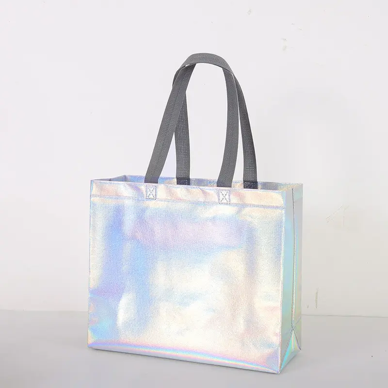 Moda Cool Promoción Personalizado Láser Iridiscente No Horno Bolsa de transporte Bolsa de compras Bolsa de mano PP Laminado Bolsa no tejida