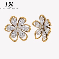 Anting-anting bunga besar Dreamshow dengan kelopak zircon potongan pir, baja anti karat 316L berlapis emas 18K, desain vintage berlubang