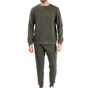 Ensemble de survêtement vert olive de haute qualité à col rond, couleur unie, décontracté, en molleton, pour l'automne, 100 % coton French Terry - Product Image 1