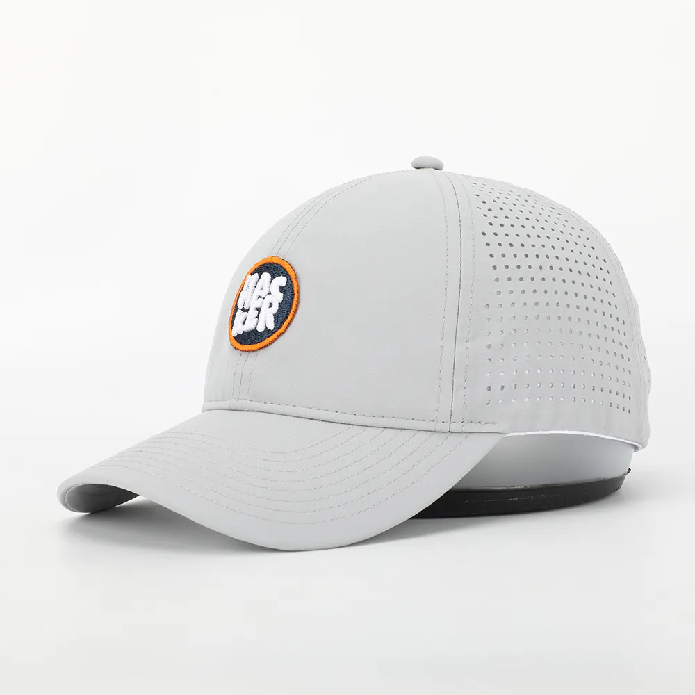 Oem Custom Embroidery Logo 6 Panel Unstructured Baseball Cap Waterproof Breathable Polyester Laser Cut Hole Perforated Dad Hat