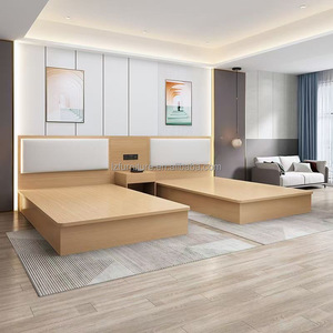 Affordable Hotel King Size Bed <b>Set</b> Solid Wood Frame with Padded Headboard and <b>Side</b> <b>Tables</b> for 3 Star Hotel Bedroom Furniture - Product Image 5