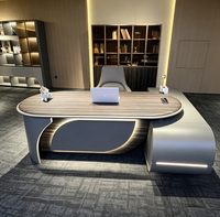 Escritorio Ejecutivo en Forma de L, Escritorio Moderno de Lujo para Jefe con Gabinete Lateral, Luz LED, Acabado en Nogal