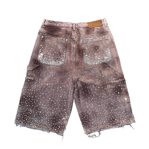 Mode personnalisée pour hommes, short en jean lavé raglan usé avec design de détail en cristal, <span class=keywords><strong>bermuda</strong></span> long et ample avec jorts en strass - Product Image 3