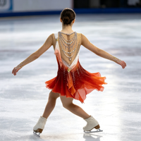 Robe de patinage artistique dégradé blanc-orange-rouge, asymétrique à une épaule, manches longues, dos ouvert avec chaîne, ornée de strass, jupe irrégulière