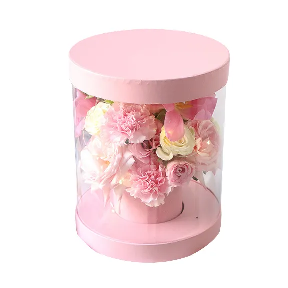 Groothandel Verse Bloem Roze Ronde Box Karton Met Deksel, luxe Clear Pvc Bewaard Rose Bruiloft Geschenkdoos Voor Boeketten
