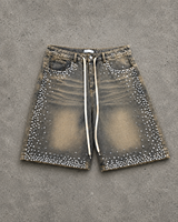 Shorts en jean pour hommes Lianfeng Denim Manufacturer Streetwear, style vintage personnalisé, lavage vintage, avec strass