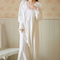 Chemise de nuit en dentelle pour femme, col en V, manches longues bouffantes, poignets à volants, robe de nuit ample vintage pour femme, tenue d'intérieur