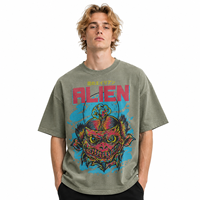 T-shirt Oversize en Coton Lourd 320 g/m² Vert Armée Dégradé Effet Délavé avec Impression Graphique Alien Racing, Logo Personnalisé, OEM ODM – Vente en Gros