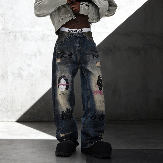American-style Streetwear Men's Face Graffiti Loose-fit Straight-leg Distressed Washed Faux-ripped Denim Jeans Spring