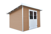 Caseta de herramientas exterior de madera WPC Serie D con protección UV, moderna, ecológica y resistente, para jardín, taller o almacén.