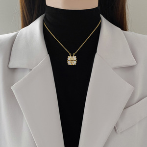 Collier pendentif trèfle à quatre feuilles pour femme, chaîne de clavicule en acier titane avec breloque cœur d'amour et fleur en diamant - Product Image 5