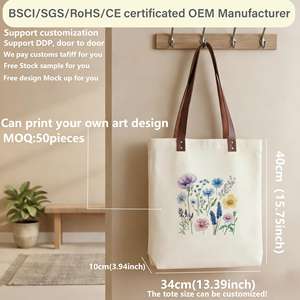 Bolsas Personalizadas con Logotipo Personalizado, Bolsas de Mano de Lona de Algodón de Color Beige Duraderas para Mujer, de Lujo con Asas de Cuero PU - Product Image 2