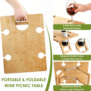 Outdoor <b>Foldable</b> Beach Tray Portable Wooden Wine Picnic <b>Table</b> With Wine Holders - Product Image 5