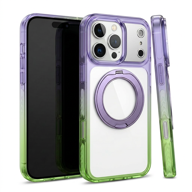 Gradient Clear Magnetic Foldable Ring Kickstand Case for iPhone 17 16 Pro Max Shockproof Transparent Cover with Hidden Stand