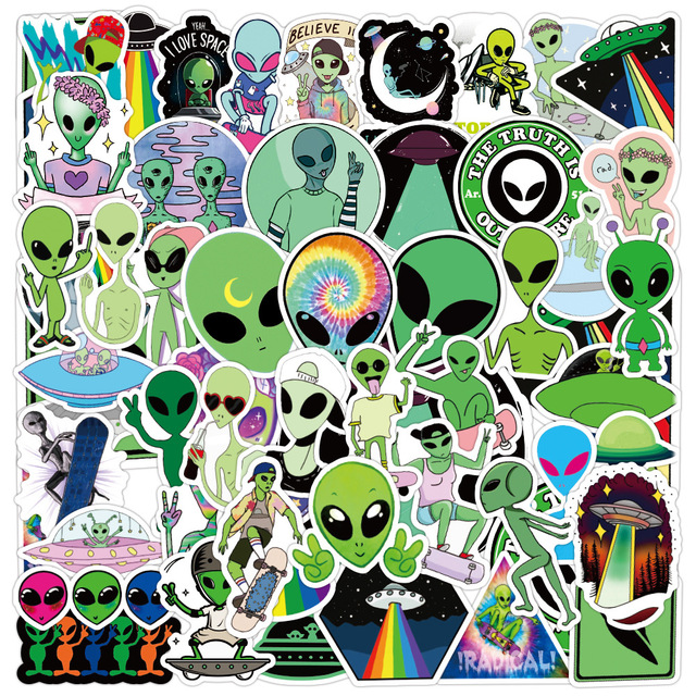 50PCS Green Alien PVC DIY laptop guitar motorcycle decoration decals Vinyl Label LOGO stickers