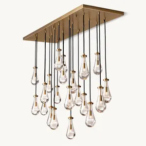 American Design Rain Drop Chandelier Brass Pendant Light Luxury Modern Glass Long Hanging Lamp For Dining Room Island Table