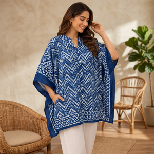 Robe Kaftan Bohème Vintage Luxueuse Ample à Col en V en Lin Tissé Rayé Géométrique Bleu avec Dentelle, Taille Naturelle, Respirante et Asymétrique - Product Image 3