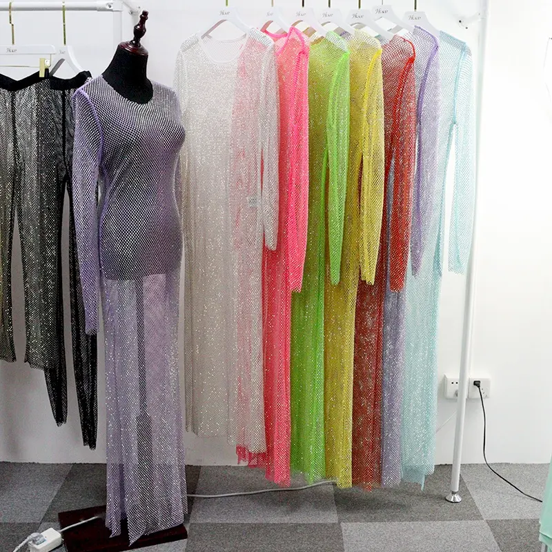 V094 Hot sale crystal mesh long dress shiny stone elastic mesh fabric high quality dress