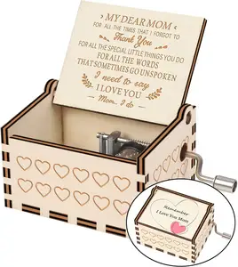 You are My Sunshine Wood Music Boxes Heart Shaped Laser Engraved Vintage Wooden Hand Crank Musical Box Gifts for Mothers Day