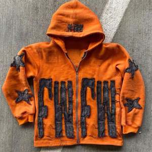 Logo personnalisé en gros unisexe poids lourd en détresse broderie coupe et coudre fermeture éclair Vintage Patch hommes acide lavage sweat à capuche zippé - Product Image 4