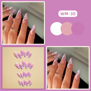 <span class=keywords><strong>Uñas</strong></span> Postizas Lavanda Morado con <span class=keywords><strong>Estampado</strong></span> <span class=keywords><strong>de</strong></span> <span class=keywords><strong>Vaca</strong></span>, Largas, Almendradas, Base Nude con Diseño <span class=keywords><strong>de</strong></span> Punta Francesa Blanca, Brillantes, Reutilizables, Venta al por Mayor - Product Image 2