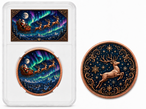 Moneda Redonda de Cobre de 1oz al por Mayor, Souvenir con Impresión UV de la Canción Navideña Yule Minstrel, Corona de Ajenjo y Lazo Rojo - Product Image 1