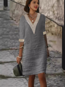 <span class=keywords><strong>Abito</strong></span> Casual da donna europeo e americano <span class=keywords><strong>in</strong></span> cotone <span class=keywords><strong>con</strong></span> scollo a V manica <span class=keywords><strong>in</strong></span> <span class=keywords><strong>pizzo</strong></span> <span class=keywords><strong>con</strong></span> motivo floreale stampa digitale tinta unita - Product Image 3