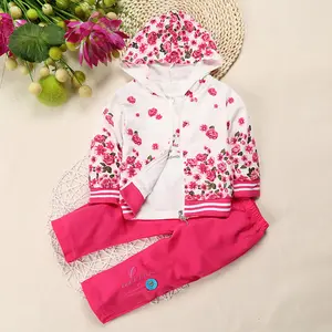 Jaket Bunga Merah Muda Bertudung Bayi Perempuan, Set Pakaian Olahraga 3 Potong