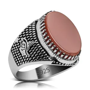 Ring Men Silver Muslim in 925 Sterling with Stylish Red Natural Red Agate Stone Band Ring