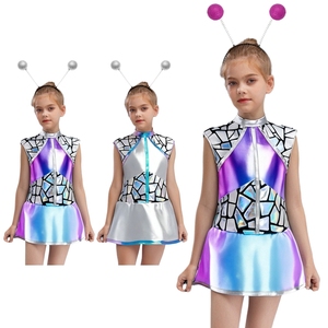 Disfraces de alienígena metálicos para niñas de 6 a 16 años, conjuntos de vestido y diadema con aro para el pelo para fiestas temáticas y eventos de disfraces. - Product Image 1