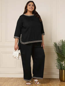 Women's Solid Cotton Blend 2-Piece Ankle Length <b>Tunic</b> Trouser Cord Set O-Neck Three-Quarter Sleeve Long Jumpsuits Western Dress - Product Image 1