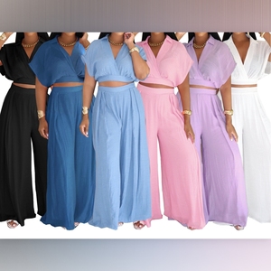 Women's Casual Vacation Style Lapel Short Top High Waisted Wide Leg <b>Pants</b> 2 Piece Set Fashion - Product Image 2