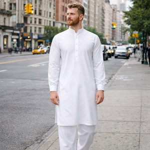 Completo <span class=keywords><strong>Etnico</strong></span> Bianco da <span class=keywords><strong>Uomo</strong></span> con Kurta e Pajama, Ricamo Personalizzato, <span class=keywords><strong>Abbigliamento</strong></span> Casual Comodo - Product Image 1