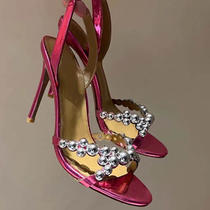 Sandales à talons aiguilles pour femmes, style mode, avec grandes perles, à bride arrière, pour l'été et les tenues habillées - Product Image 5