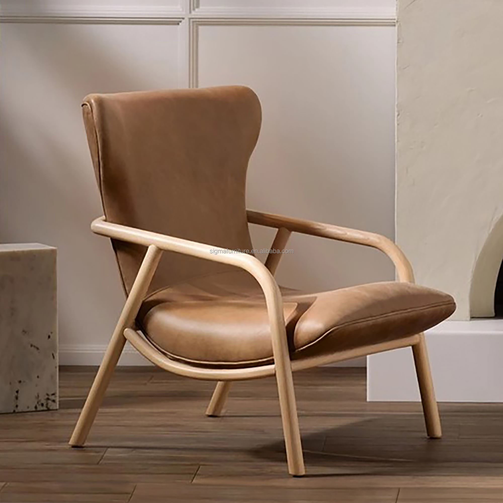 Furniture Accent Style Living Room Wood Frame Leather Armchair Wingback Chair