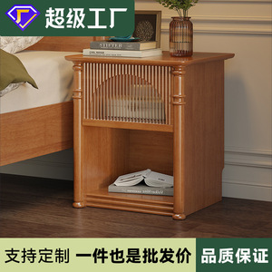 Table de chevet rétro française en bois massif avec rangement, meubles de chambre à coucher - Product Image 5