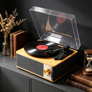 Tocadiscos de vinilo con panel de madera, directo de fábrica, con cubierta antipolvo, altavoz estéreo incorporado, USB, logotipo personalizado, para decoración vintage de escritorio en el hogar. - Product Image 3