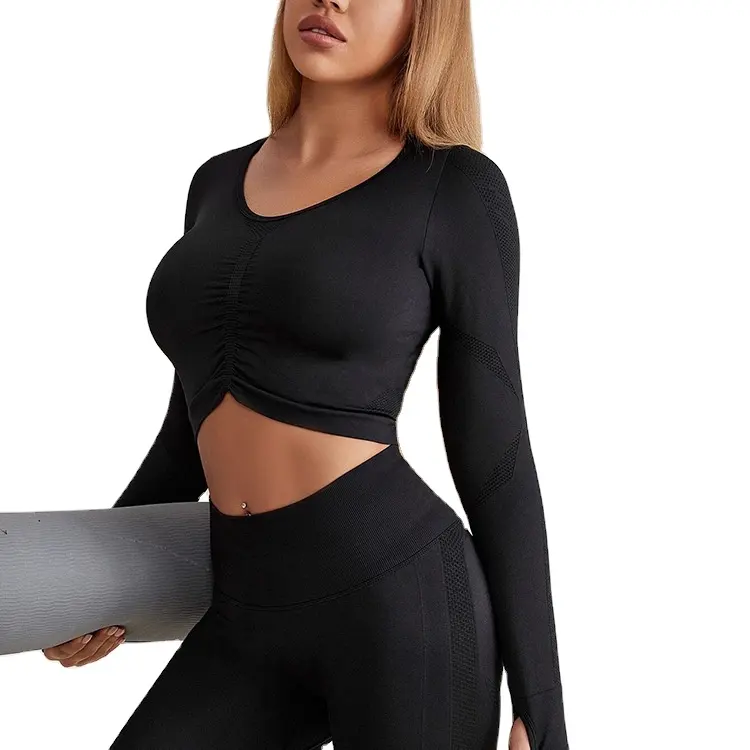 Set pakaian Yoga wanita keluaran baru 2023 pakaian olahraga Crop Top lengan panjang mulus pakaian Gym legging pinggang tinggi