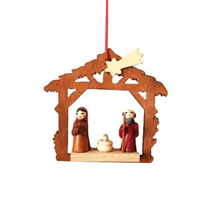 Enfeites de árvore de madeira, enfeites de decoração de natal com pingente de natividade de madeira