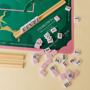 Tapis de jeu de Mahjong américain de qualité supérieure 33x33 pouces avec règles imprimées, surface antidérapante et sac de transport, vert rose, cadeau de luxe - Product Image 4