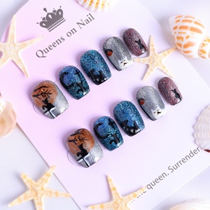 Uñas postizas de lujo acrílicas con estrellas y pedrería, negras, cortas, estilo ataúd, cobertura completa, hechas a mano, precio de fábrica al por mayor. - Product Image 3