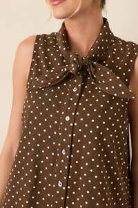 Brown Polka Dot <b>Sleeveless</b> A-Line Mini <b>Dress</b> With Tie Neck And Ruffle Hem Casual <b>Summer</b> Woven Cotton <b>Dress</b> - Product Image 3