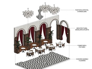 Intérieur du restaurant Maison Rouge avec tables en marbre, chaises en velours vert, luminaires LED au plafond. Design d'intérieur de restaurant. - Product Image 3