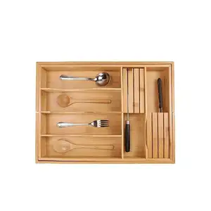 Top Quality Bamboo Restaurant Adjustable Utensil Cutlery Tray Box Organiser Storage Containers