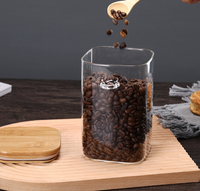 Botol Penyimpanan Kaca Persegi Transparan Bebas Timbal Borosilikat dengan Sendok, Dapat Dipanaskan, Multifungsi, Diameter 100mm, Tutup Bambu, Cincin Silikon