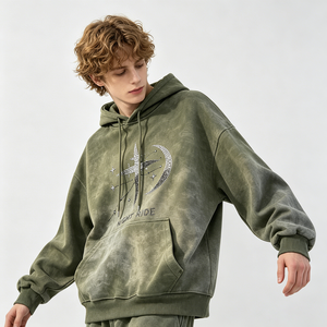 Felpa con Cappuccio Streetwear Dirty Spray da Uomo, Effetto Vintage, Stampa Grafica <span class=keywords><strong>Notte</strong></span> Stellata con Luna e Strass, Pullover, Vendita Diretta dalla Fabbrica - Product Image 1