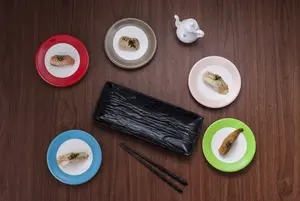 Reusable Custom Logo 6 Inch Round Melamine Japanese Sushi Serving Plate Plate Dish Tableware Plastic Brown Box Customized 192PCS